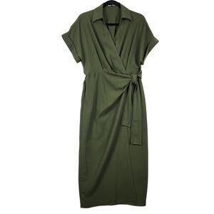 Skue Olive Maxi True Wrap Dress Women’s SZ M Short Sleeves V-Neck EUC